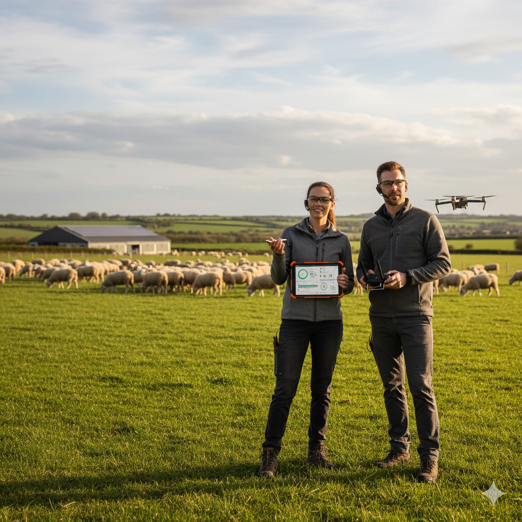 Farmers using modern agricultural technology with tablets and drones in a green pasture with sheep